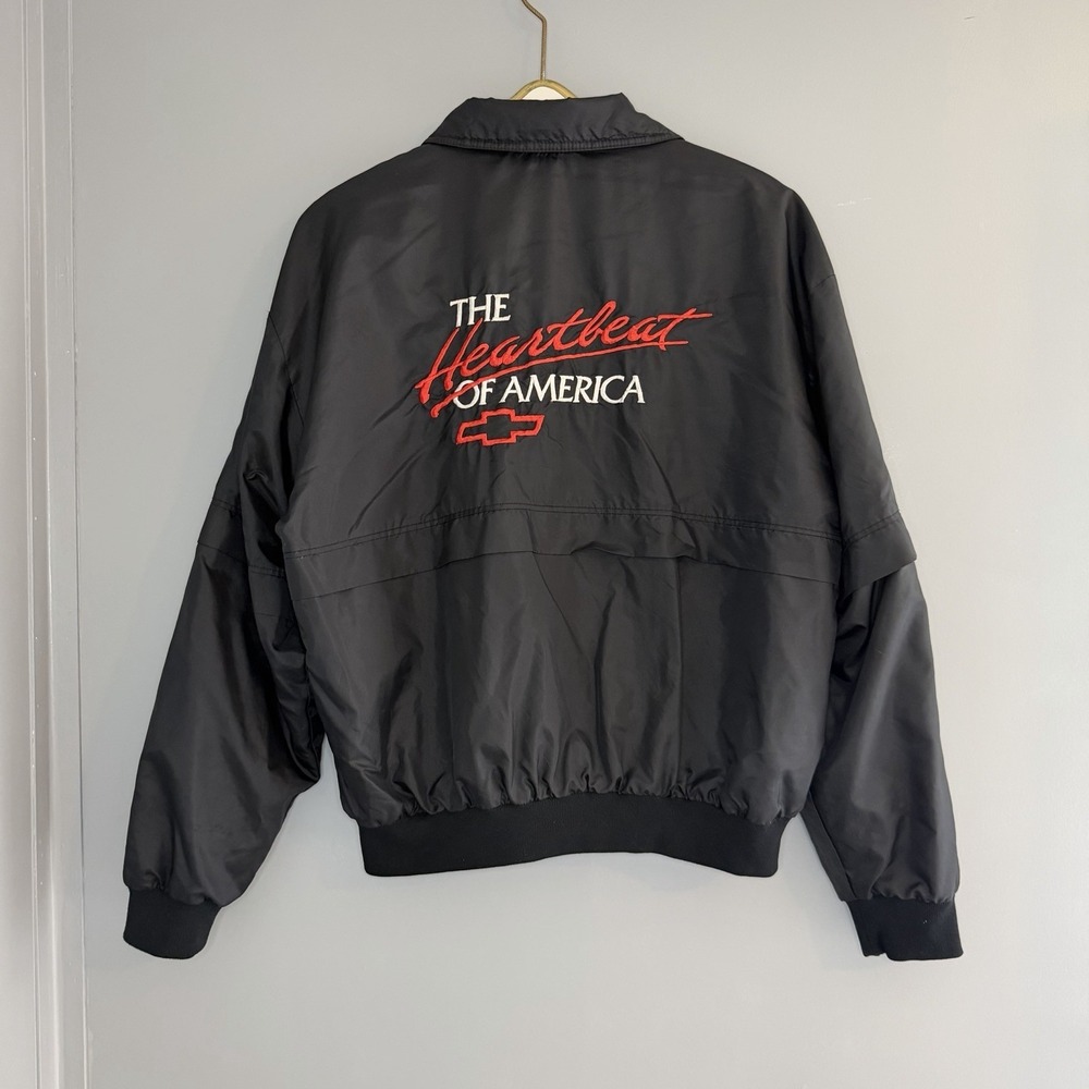 Vintage Chevrolet Heartbeat Of America Black Nylon Bomber Jacket Men Sz L Chevy